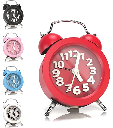 N NEWTOP Mini Orologio Sveglia Rotonda Portatile Stile Classica Numeri Colorata Beep Allarme ON OFF Movimento Quarzo da Tavolo Comodino Analogica Batteria Inclusa LR44 per Bambini Adulti (Azzurro