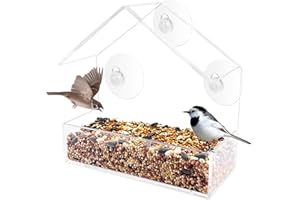 Comzantor Trasparente Mangiatoia Per Uccellini Da Esterno, Casetta Mangime Abbeveratoio, Casetta Mangiatoie Dispenser per Uccelli da Finestra con 3 Ventose Extra Forti, (15 x 15 x 6 cm)
