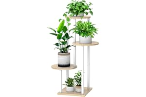 YOCOMEY 4 Tier Hölzern Blumenregal Metall Pflanzenregal, Mehrstöckig Blumenständer Pflanzenständer Blumenbank Blumentreppe Pflanzentreppe Standregal für Innen Außen Balkon Deko (Rund Weiß Eiche)