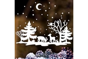 ‎WANDTATTOO-LOFT Fensterbild Winterlandschaft mit Tieren Fenster Dekoration weiß Reh Hirsch Eule Hase und Eichhörnchen / / 35 cm hoch x 46 cm breit