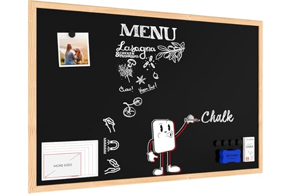 ALLboards Tableau à Craie Noir Magnétique avec Cadre en Bois Naturel 80x50cm