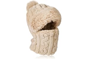 TAGVO Gorro de Punto Cálido de Invierno para Mujer, Gorro de Caza a Prueba de Viento con Calentador de Cuello de Lana Caliente Sombrero de Invierno con Bola De Pelo, Pasamontañas para Mujer