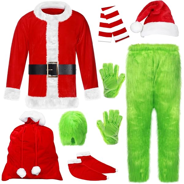 Costume de monstre à fourrure vert de Noël avec gants de Père Noël drôles + chapeau de Père Noël, accessoire de cosplay, fournitures de fête pour adultes Costume de monstre à fourrure vert de Noël avec gants de Père Noël drôles + chapeau de Père Noël, accessoire de cosplay, fournitures de fête pour adultes
