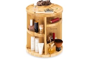 Navaris Obrotowy bambusowy organizer do makijażu, regulowany uchwyt do przechowywania kosmetyków do łazienki lub toaletki, średnica 25 cm x 30,5 cm wysokości - jasnobrązowy