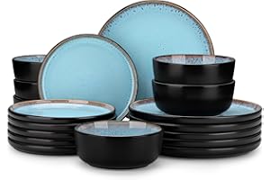 vancasso Amber 18 Pieces Dinner Set for 6, Reactive Glaze Stoneware Plates and Bowls Set, Blue Crockery Set with Dinner Plates, Dessert Plates & Cereal Bowls, Microwave & Dishwasher Safe