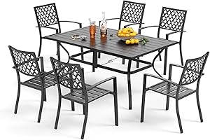 PHIVILLA PHI VILLA Gartenmöbel Sets für 6 Personen, Gartentisch und Stühle 7er Set Terrassentisch Stühle，rechteckiger Metall-Esstisch mit Schirmloch und 6 Bistrostühlen für Terrasse, Deck, Hof, Veranda