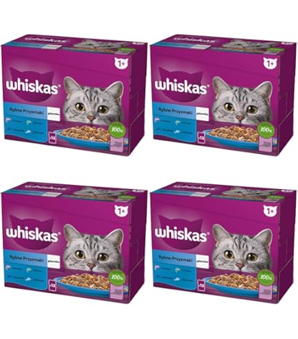 WHISKAS Gemengde kaart (4 soorten) – 48 zakjes (4 verpakkingen van 12 x 85 g) – gemengde kaart (4 soorten) – compleet natvoer, geschikt voor gesteriliseerde volwassen katten (verpakking kan variëren