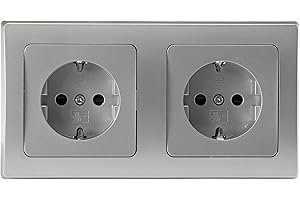 CHILITEC DELPHI - Toma empotrada doble toma de corriente - Toma de tierra con protección de contacto mejorada - con marco - Color: plateado y gris