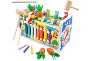 Baby Holz Montessori Musik Spielzeug für Kinder ab 2 3 4 Jahre, Kinderspielzeug Hammerspiel mit Xylophon Karottenernte Specht fängt Würmer, 8 in 1 Motorikspielzeug Holzspielzeug Geschenk ab 2+ Jahre
