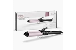 BaByliss Boucleur à pince de 38mm - Cylindre Satin Touch, 10 réglages de température, boucleur professionnel avec support de sécurité intégré, Noir et rose, C338E