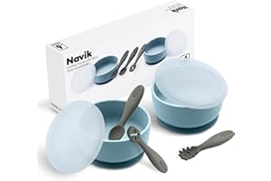 Navik | set pappa svezzamento | ciotola in silicone per bambino con ventosa e coperchio | cucchiaino svezzamento | blu e verde