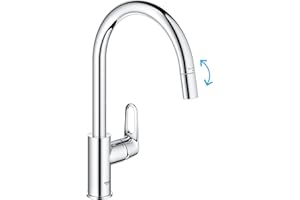 GROHE Start Flow 305690000 bateria kuchenna, wyciągana wysoka wylewka, kształt C, obracana o 360°, instalacja QuickFix, ekologiczny ogranicznik przepływu, chrom
