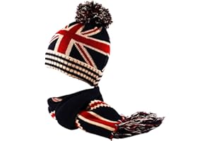 Itzu Union Jack Knit Bobble Beanie Hat Fingerless Gloves Scarf Winter Navy Red Cream (2/3 Piece Set)