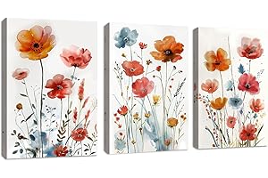 FajerminArt Nowoczesne kwiatowe kwiaty na płótnie sztuka ścienna pomarańczowe i czerwone polne kwiaty atrament zdjęcia na płótnie obrazy do salonu sypialni biura gotowe do powieszenia rozciągnięte na