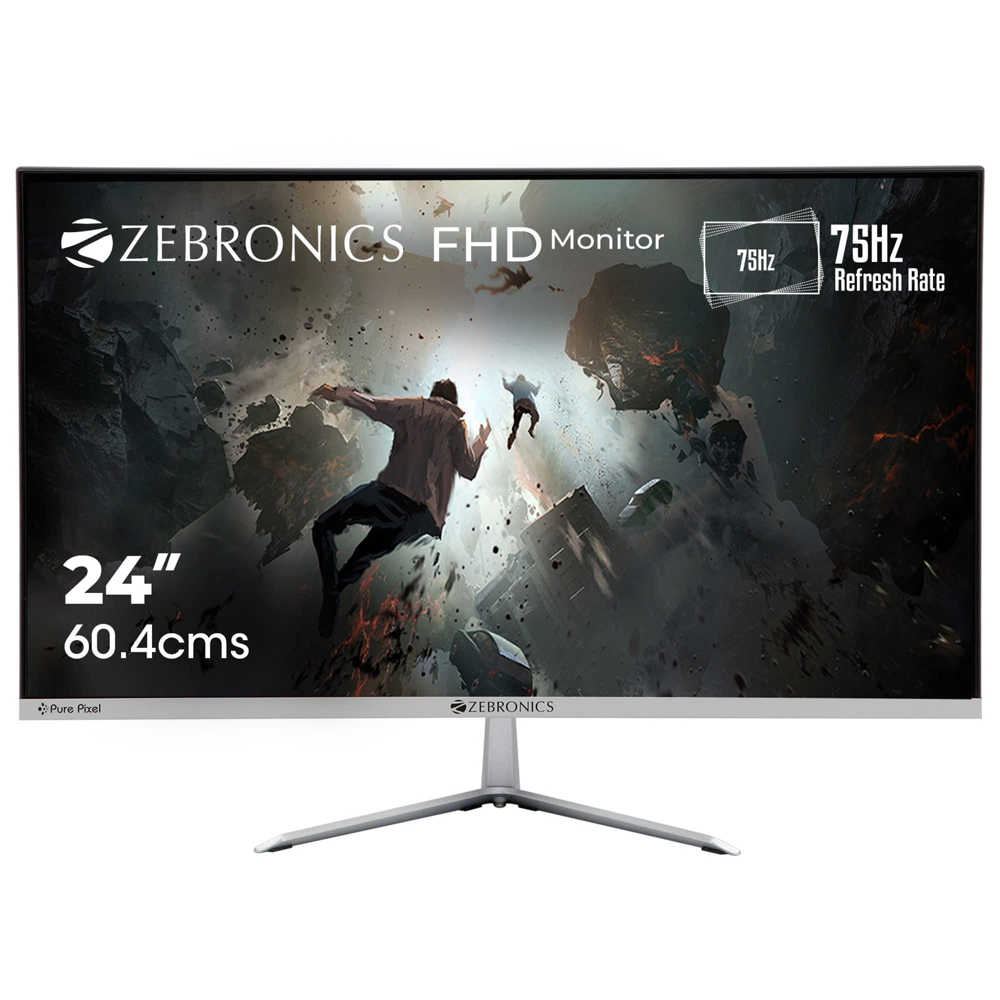 ZEBRONICS 24 Inch (60.4 Cm) Widescreen 1920 X 1080 Pixels LED Monitor, IPS, Ultra Slim, FHD 1920x1080, HDMI, VGA, 250nits, Bu