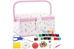 Dicunoy Sewing Box Organiser with Accessories, Large Wooden Sewing Kit Storage and Organizer Basket, Vintage Sewing Baskets with Removable Tray for Adults, Sewing Mending, Beginner, Floral Print, Pink