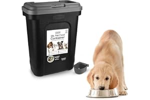 ASAB Pet Food Storage Container Large 30L/15kg Plastic Food Storage Container With Integrated Food Scoop and Flip Top Locking System Perfect for Dog Treats Dog Food and Kitten Food (Grey - Large)