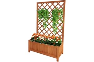 Vivo Technologies Large Rectangular Wooden Planter with Liner and Lattice Trellis Panels for Climbing Plants, 70x30x135cm Flower Plant Pot Box for Garden Patio, Natural