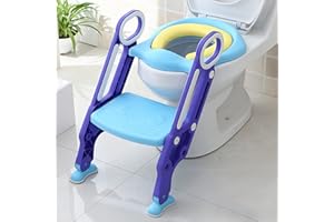 YUENFONG Children's Toilet Seat with Adjustable Stairs, Foldable Potty Trainer Toilets with a PU Cushion, Height Adjustable 38-42 cm for Children from 1-7 Years (Blue and Purple)