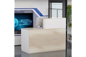 PREMTURE Comptoir de réception, grand comptoir de réception, table de réception, comptoir de réception avec compartiments ouverts, comptoirs de réception, meubles de bureau, couleur bois et blanc, 140 x 60 x