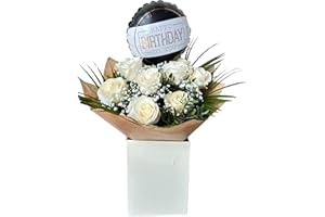 SELL FLOWERS ONLINE Pure Elegance Birthday Flowers – Fresh White Roses with Baby’s Breath and Happy Birthday Balloon, Make every birthday extra special with this Pure Elegance Birthday Bouquet.