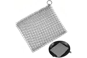 Voarge Żeliwny środek do czyszczenia, 17,5 x 17,5 cm, stal nierdzewna, szczotka do czyszczenia łańcuchów do wszystkich rodzajów patelni, patelni żeliwnych, grilli i Dutch Oven
