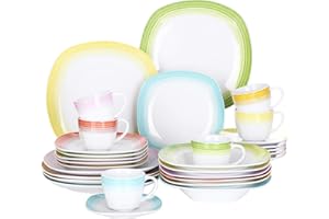 VEWEET, Spark Series, 30-Piece Dinner Set Ivory White China Ceramic Dinner Combi-Set with Dessert Plates/Soup Plates/Dinner Plates/Cups/Saucers Service for 6
