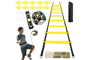 JiangLin Fussball Trainingszubehör, Fußball Trainingsset, 6 m Koordinationsleiter für fußball mit10 Hütchen und Fußball Trainer mit Verstellbarem Taillengürtel Fussball Geschenke Jungen und Kinder