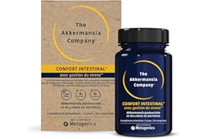 METAGENICS The Akkermansia Company Confort Intestinal - 30 Mds Probiotiques, Camomille, Vit. B2 & B9 - Santé Digestive, Stress & Muqueuses - 30 Comprimés Végans