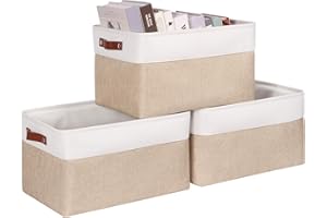 Syeeiex Large Fabric Storage Basket with Leather Handles, 3-Pack Large Baskets, Storage Baskets for Shelves, Foldable Baskets for Organizing Toys, Clothes, Office (White/Brown)