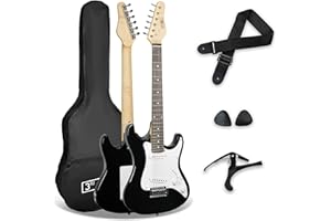 3rd Avenue Gitara elektryczna Junior Kids, w rozmiarze 3/4, zestaw startowy dla początkujących z futerałem, paskiem, kostkami i kapodastrem – w kolorze czarnym