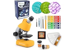 HYRENEE STEM Microscopio per Bambini - Zoom Fino a 40-1200x Vetrini Vuoti e Preparati Luce LED Incorporata e Vari Strumenti Operativi Configurati Kit Microscopio Scientifico per bambini Giallo