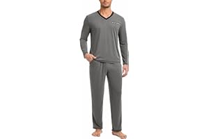 Nieery Pyjama Homme Hiver Chaud Coton vêtements de Nuit pour Hommes Ensembles de Pyjama d'hiver à Manches Longues col en V Coupe Droite Pyjama Long