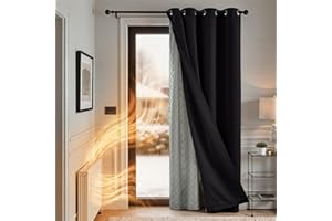 TOPICK Thermal Full Blackout Door Curtains with Removable Thick Microfiber Lining, Double Layers Thermal Insulated Windproof Soundproof Curtain for Bedroom, Living Room, W52 x L84 Inch, 1 Panel, Black