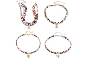 Omlalayi 4 Pcs Cavigliere Perline Fatte a Mano Cavigliera Donna Cavigliera con Perline a Strati Perline di Vetro Colorate di Boemia Braccialetti Catena Regolabile Regali per Ragazze da Spiaggia Donne