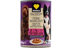 EDEKA Herzstücke Feine Mahlzeit Ragout mit Lamm, Huhn, Karotten & Nudeln Hundefutter, 12er Pack (12 x 400g)