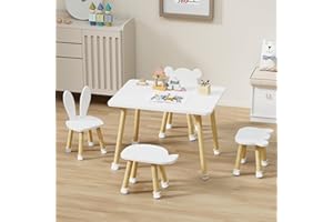 BanaSuper Toddler Table and Chair Set, Kids Activity Table with 4 Chairs, Wooden Children Play Table and Stools, Toddler Natural Furniture Set for Playing Drawing Reading (White)