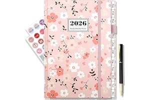 Gumiho Agenda Semainier 2026 de Jan-Déc 2026,A5-21,5 × 14,7cm - Agenda Scolaire Avec Stylo,Poche intérieure,Onglets Mensuels, Boucle pour Stylo - Rigide en cuir PU,Papier 100g/m²(JZ-PINK)