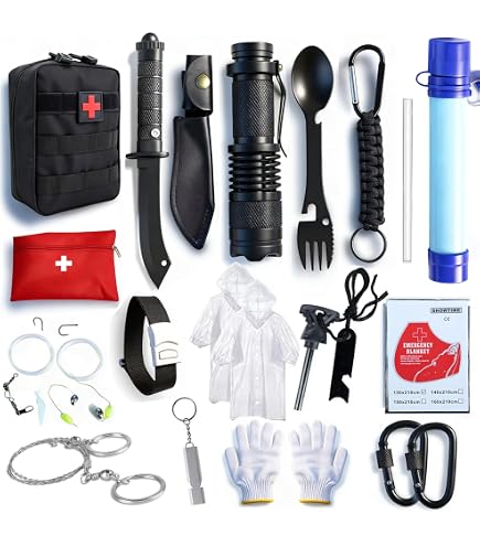 Kit De Survie Montagne – Sacoche Tactique Résistante, Sifflet Boussole Thermomètre, Couverture, Pierre à Feu, Scie, Bâton Lumineux, Mousqueton