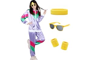 Alaiyaky 80s Shell Suit Costume, 80s 90s Fancy Dress Men Women Retro Tracksuit with Glasses Headband Wristbands, Fashion Shell Suit 80s 90s Outfits for Carnival Halloween Party