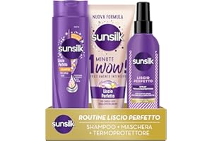 Sunsilk Kit Liscio Perfetto, con Shampoo 250ml, Maschera 1 Minute WOW 180ml e Spray Termoprotettore Capelli 200ml, Anticrespo Capelli, Protegge dal Calore di Phon e Piastra