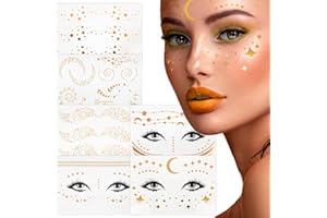 BETESSIN 6Blatt Temporäre Tattoos Gold Gesicht Tattoo Mond Sterne Festival Tattoos Glitzer Flash Tattoo Makeup Aufkleber Gesichtstattoos Karneval Fasching Party Körperkunst