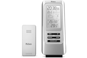 MEBUS funkgesteuerte Wetterstation mit Außensensor, Thermometer, Hygrometer, Funkuhr, Wohlfühlindikator bewertet Raumklima, Wettervorhersage, Mondkalender, Wecker, Farbe: Silber, Modell: 40627