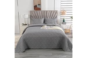 ‎QUCOVER Qucover Tagesdecke 220x240cm Bettüberwurf Grau, Mikrofaser Tagesdecke Set mit 2 Kissenbezügen 50x75cm für Doppelbett, Leichte Sommerdecke bei 3D-Ultraschal genäht, Sofaüberwurf Überwurfdecke