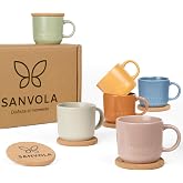 6 x Breakfast Mugs 350 ml, Ceramic Matte Stoneware Coffee Mug Set with Cork Coaster Lid 2 in 1 Microwave and Dishwasher Safe