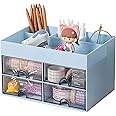 House of Quirk Desk Organiser with Drawer, Multifunctional Desk Organizer, Office Organizer, 4 Plastic Compartments with Drawer, Storage Shelf for Office, School (Blue) Stationery