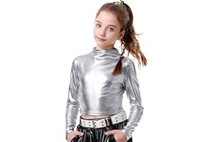 LOLANTA Top Court métallisé à Demi-col roulé pour Fille, Haut de Danse Scintillant pour Le Hip-hop, Le Disco, la scène et Les soirées