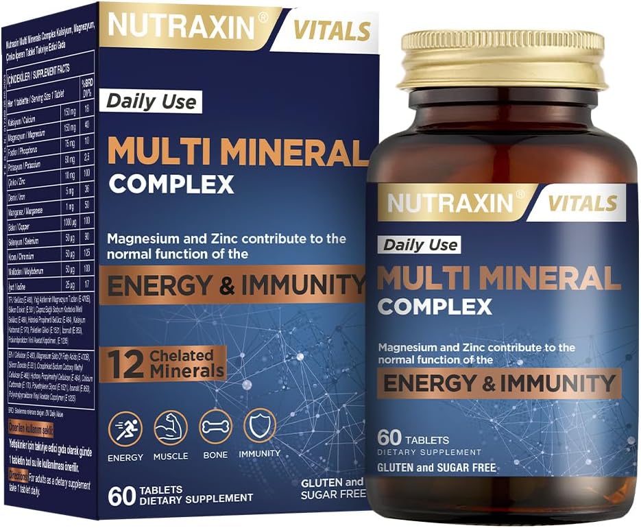 Nutraxin Multi Mineral Complex | 12 Mineral İçeren Takviye | Vegan | 60 Tablet | Kalsiyum, Magnezyum, Çinko, Demir ve Daha Fazlası