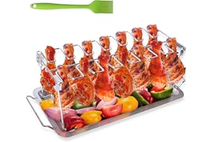 AISHN AMZBBQ Premium Chicken Leg Holder for Oven and Grill - Stainless Steel Chicken Roaster - Chicken Drumstick Rack for 14 Legs with Catch Tray - Chicken Grill Stand and BBQ Rack