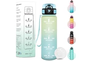Baramumu Gourde, 500ML Sans BPA, Gourde Enfant, Avec Horodatage, Bouteille Anti Fuite, Conception de Verrouillage Anti-Fuite, Bouteille plastique pour École, Yoga, En cours d'exécution - Givre&ciel